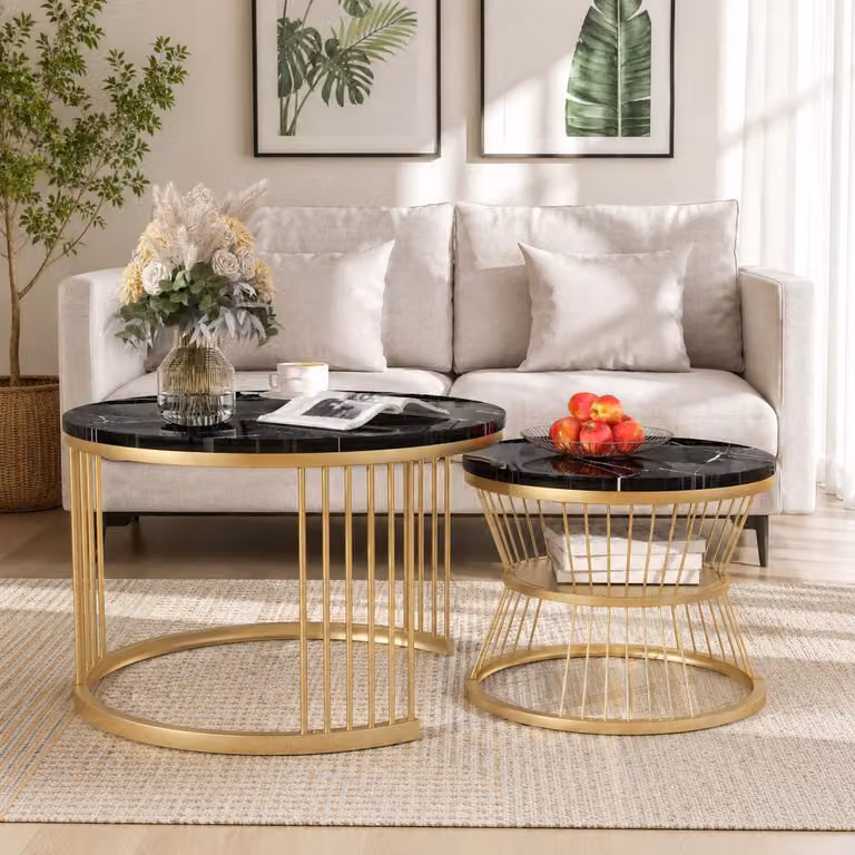 INONEFT, set da 2 tavolini da caffè rotondi, design moderno, con spazio aperto per riporre oggetti, tavolini laterali per soggiorno o camera da letto, colore nero