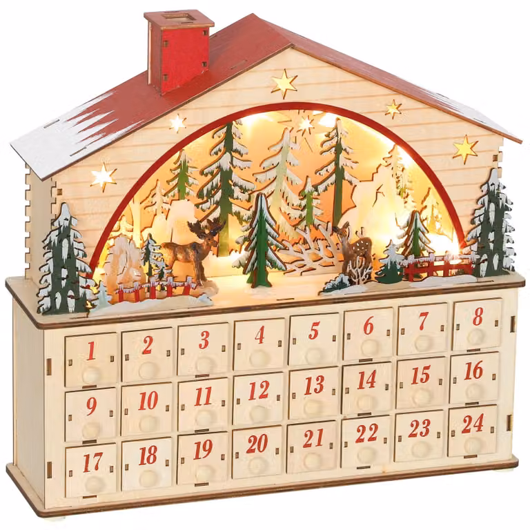 Calendario dell'Avvento in legno con 24 cassetti e illuminazione a LED | Colore: Marrone | Dimensioni: 36x10x34 cm