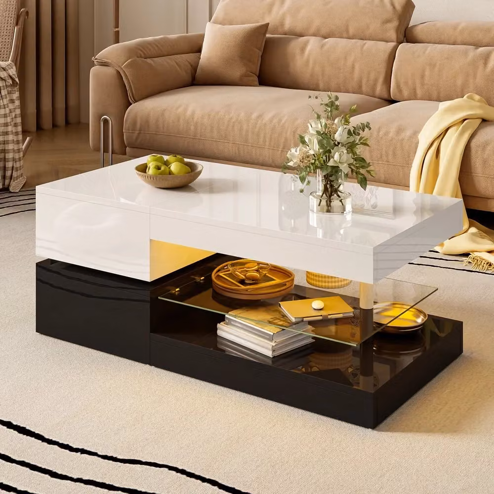 Tavolino da caffè MINIMAL con LED e piano in vetro lucido, Nero e Bianco, L 90 cm x P 45 cm x H 35,5 cm – 2