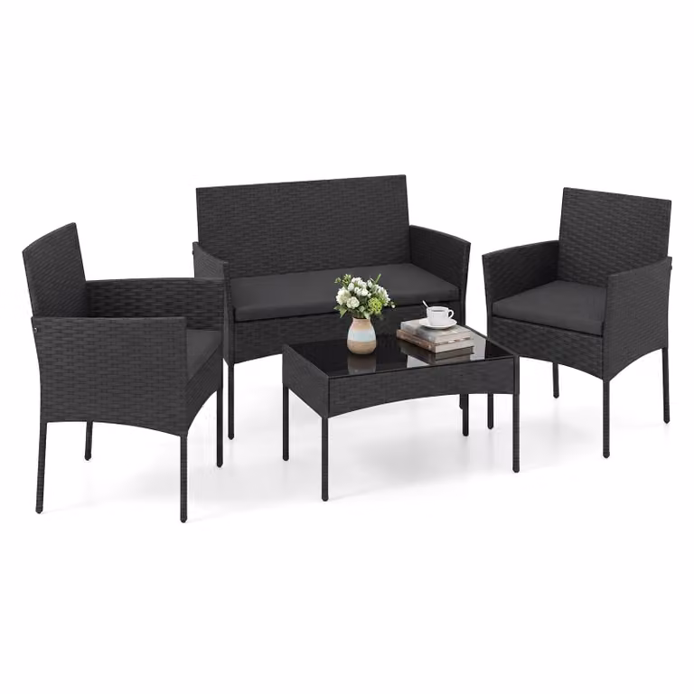 Set di mobili da giardino in polyrattan COSTWAY, set da giardino per esterni, set di sedute con 2 sedie, panca, tavolo e cuscini, mobili da terrazza, mobili da balcone, nero