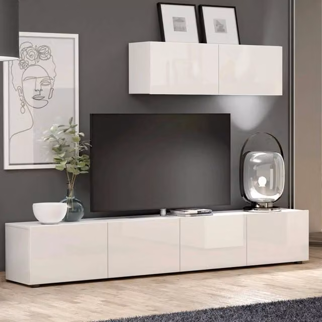 Mobile porta TV Ame DMORA, Credenza da soggiorno moderna in bianco lucido, L: 225 cm, H: 38 cm, P: 39 cm