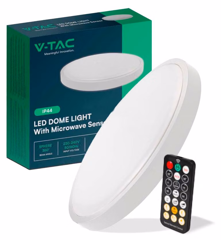 V-TAC Plafoniera LED Rotonda 18W con Telecomando e Sensore di Movimento a Microonde Bianco 3000K IP44 – SKU 76591