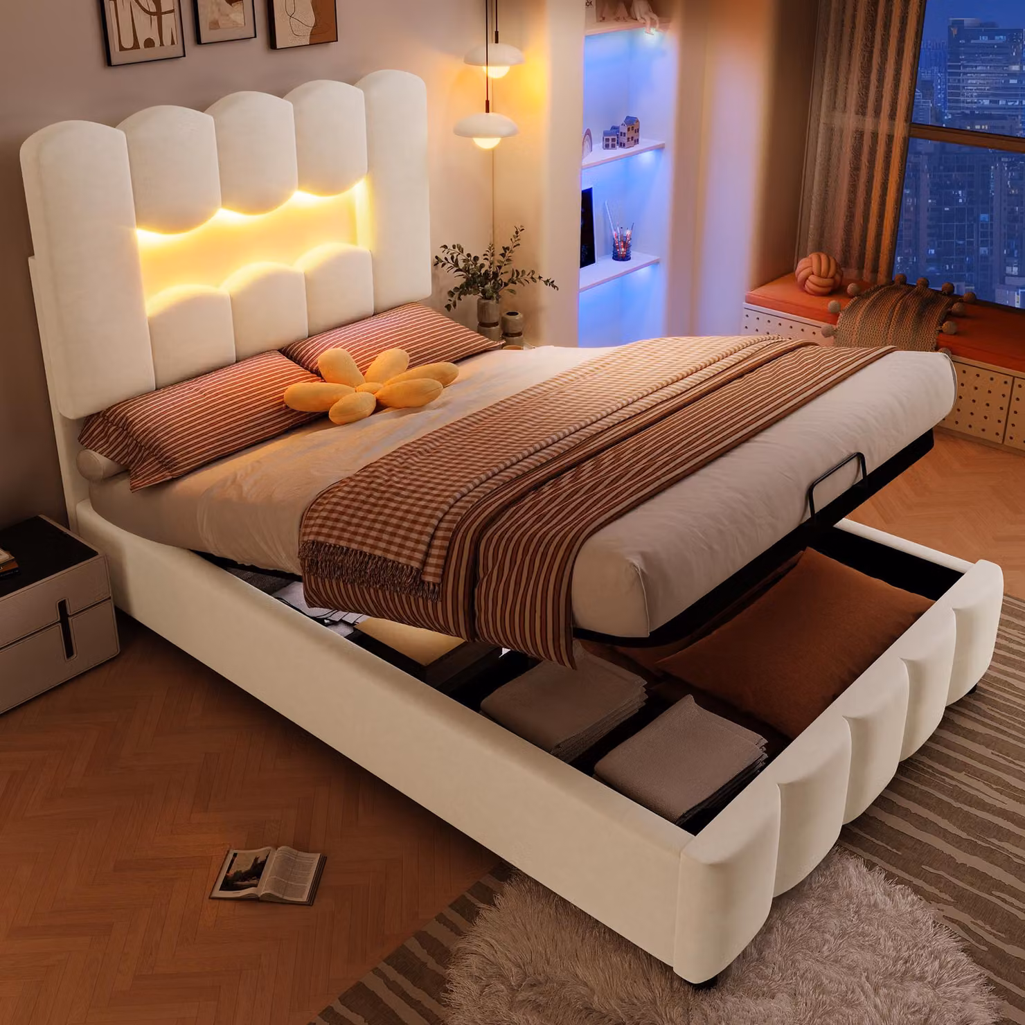 Letto imbottito Sweiko, 90 x 200 cm, senza materasso, illuminazione LED, con dispositivo idraulico, testata regolabile, velluto, beige