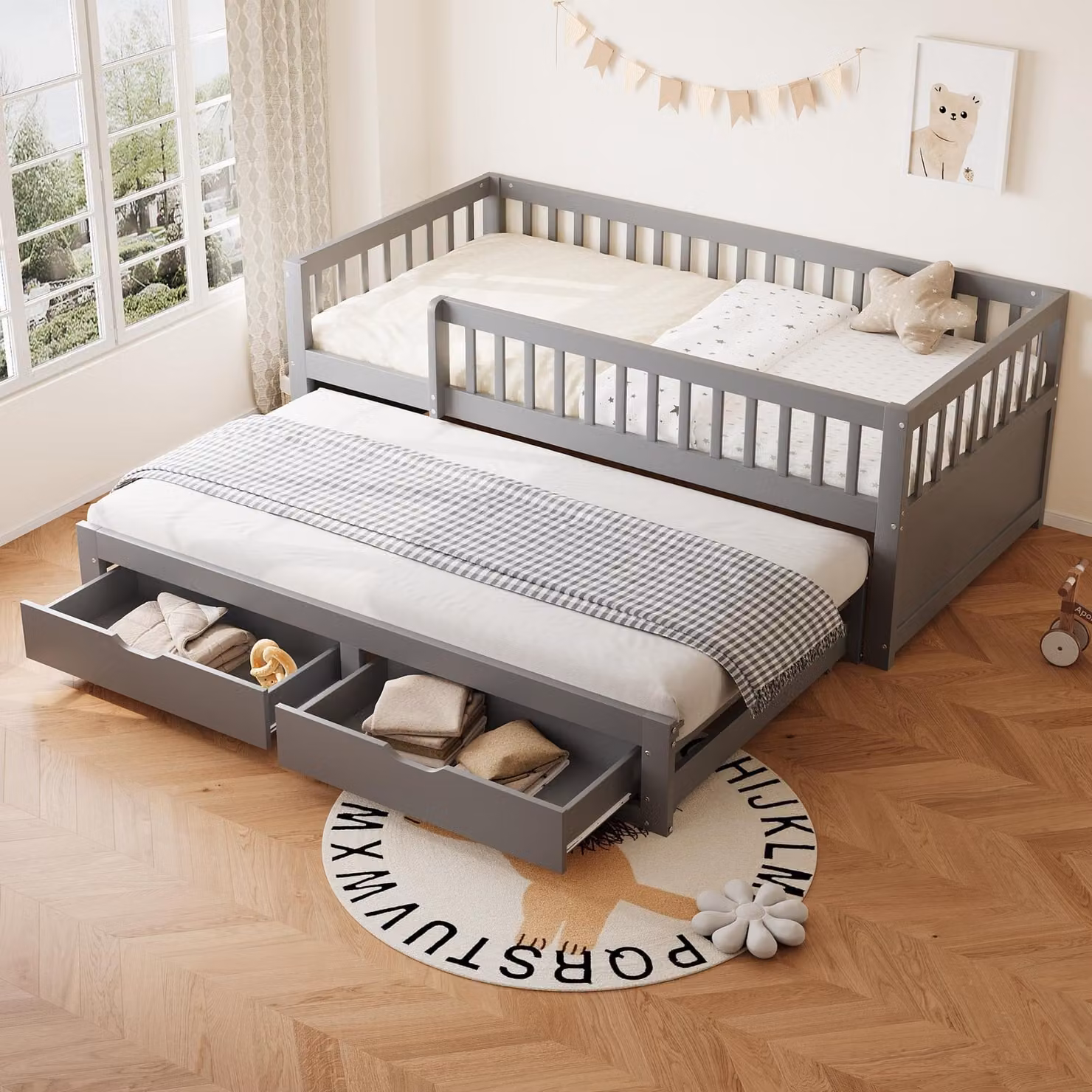 okwish Letto pieghevole 90×200 con ringhiera di sicurezza completamente coperta, letto pieghevole con 2 cassetti, letto per bambini con rete a doghe, senza materasso, grigio