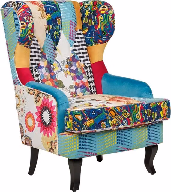 Poltrona Wingback BELIANI in tessuto patchwork multicolore con base blu, design boho e gambe in legno di betulla oliato, L: 100 cm, P: 70 cm, H: 80 cm – 1