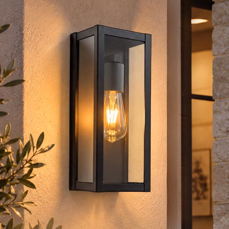 Lampada da parete esterna, attacco E27, max. 60 W, grado di protezione IP44, colore nero opaco, vetro, 32,5 cm