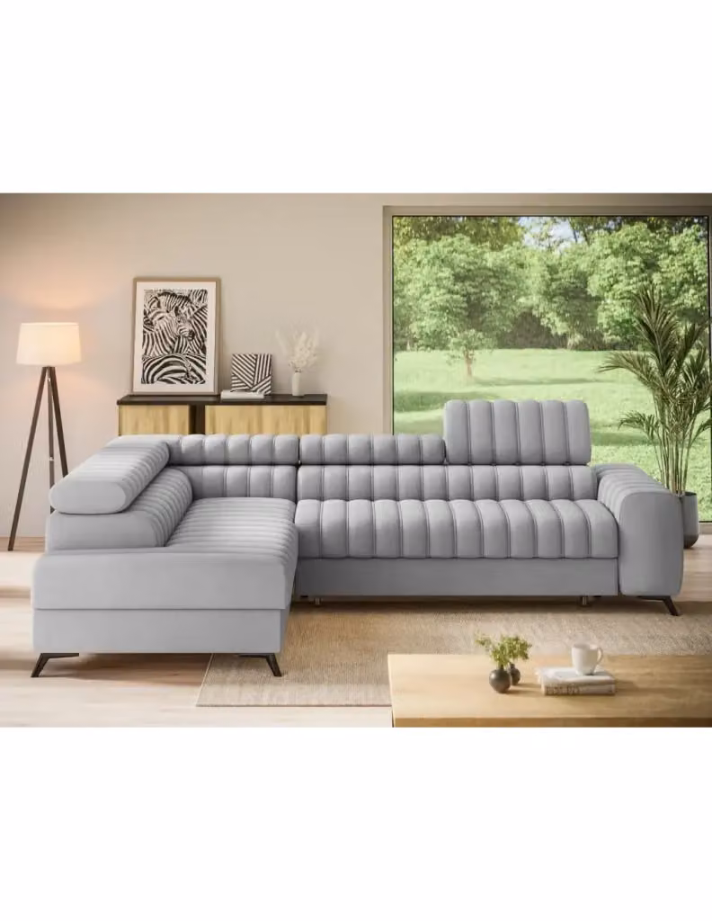 Divano ad angolo contemporaneo KANEDOJO MEUBLORAMA Grigio con funzione letto e pouf coordinato, angolo sinistro, L: 269 cm x P: 204 cm x H: 86 cm – 2