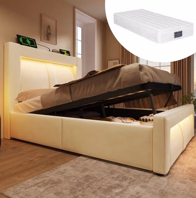 Letto singolo ULEVR 90x200 cm con materasso, contenitore idraulico, LED, USB e USB-C, velluto beige