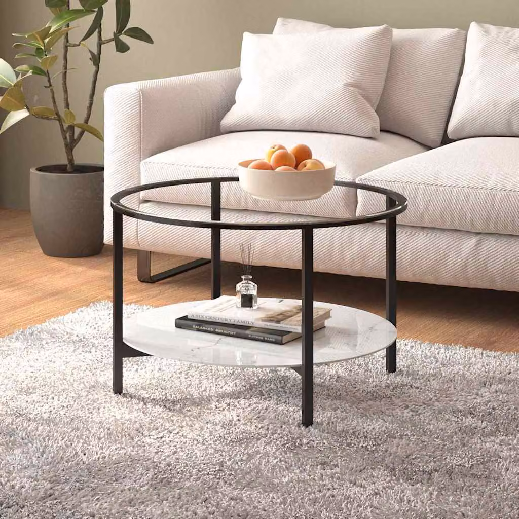 vidaXL Tavolino da Salotto Moderno Rotondo in Vetro Temperato Nero e Marmo Bianco