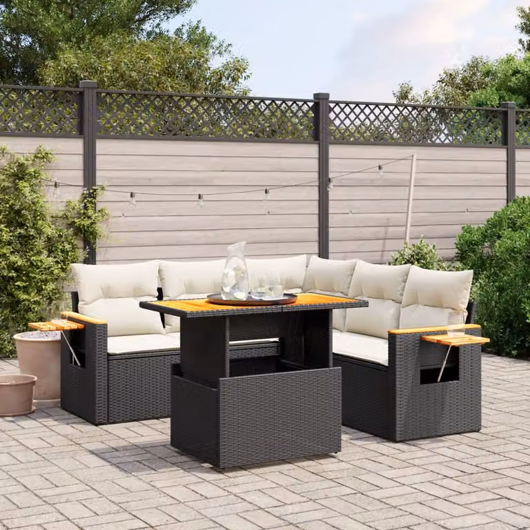 Set Divano da Giardino a L vidaXL in Polyrattan Nero con Cuscini e Tavolino da Esterno