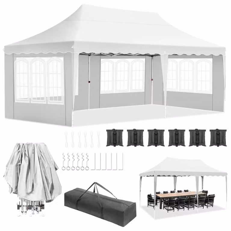 Gazebo da giardino 3x6 metri - Tenda pieghevole per feste - 4 pareti laterali - Materiale HDPE impermeabile con rivestimento inPoliuretano- Struttura in alluminio - Bianco