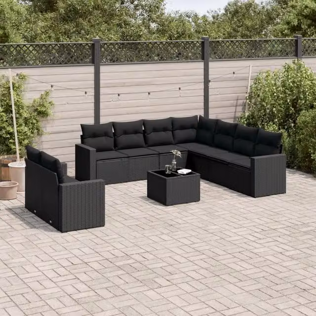 Set di Divani da Giardino VIDAXL in Polyrattan Nero con Cuscini, Design Moderno a L per 10 Persone