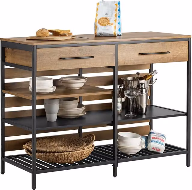 Credenza Isola Cucina SoBuy in Stile Industrial con 1 Cassetto e 5 Ripiani Aperti, Colore Nero e Marrone, L/P/H: 120 x 45 x 91 cm