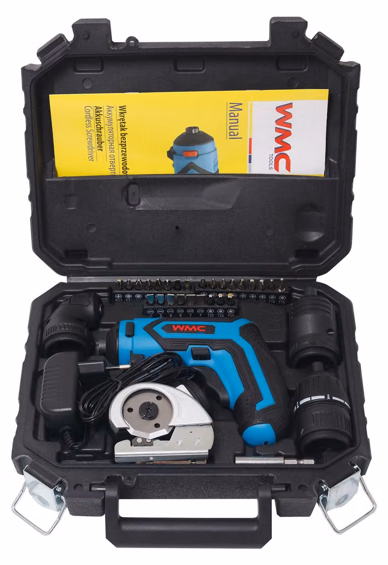 WMC Tools Trapano avvitatore a batteria Valigetta portautensili 36 pezzi con set di punte Utensili per il fai da te Set di avvitatori a batteria