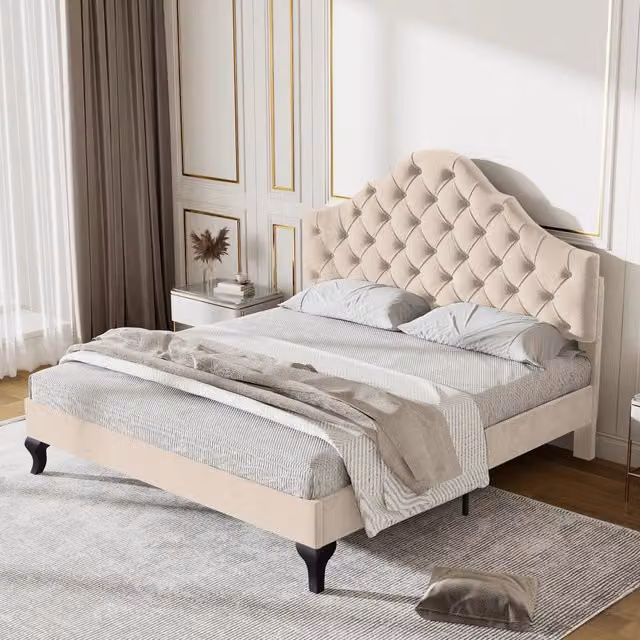 Letto imbottito in velluto 140 x 190 cm con rete a doghe e testiera regolabile in altezza, doghe in legno, montaggio facile - Beige