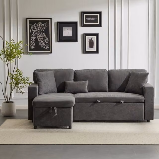 Desviae Divano letto angolare a 3 posti con chaise longue reversibile USB vano contenitore ripiano laterale grigio scuro