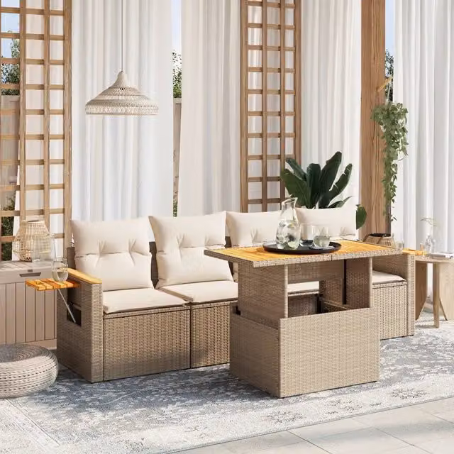 Set Divano da Giardino Moderno VIDAXL in Polyrattan con Cuscini Beige, 5 Pezzi – 1