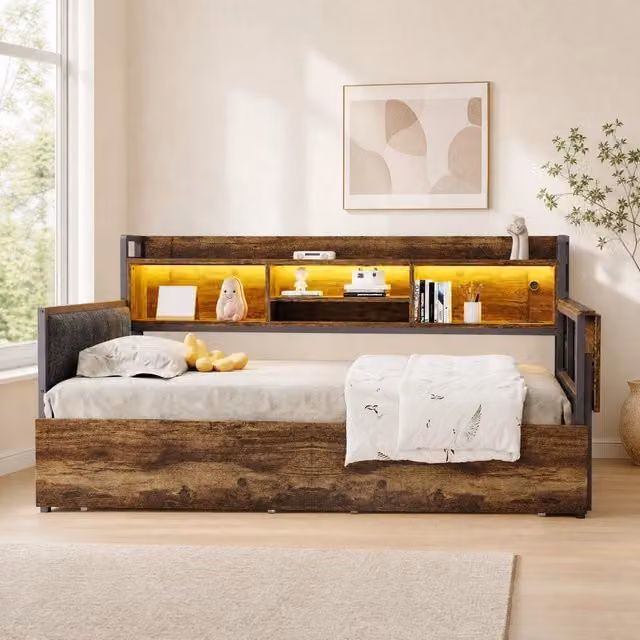 Letto 90x200 cm effetto legno e bianco con scrivania, LED e contenitore, senza materasso