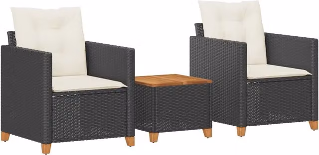 Set da Bistrò 3 Pezzi Moderno in Polyrattan Nero con Legno di Acacia e Cuscini Bianchi per Giardino e Terrazzo – 1