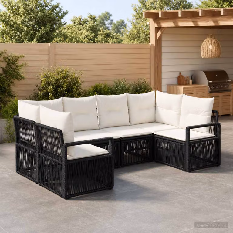 Set Divano da Giardino a L vidaXL da 6 Posti in Polyrattan Nero con Cuscini e Struttura in Acciaio