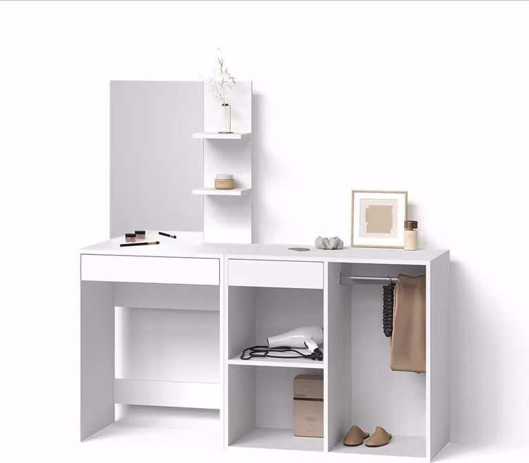 Tavolo da toeletta Livinity Nola Bianco 140 cm con specchio e mobile aggiuntivo, Model 52347