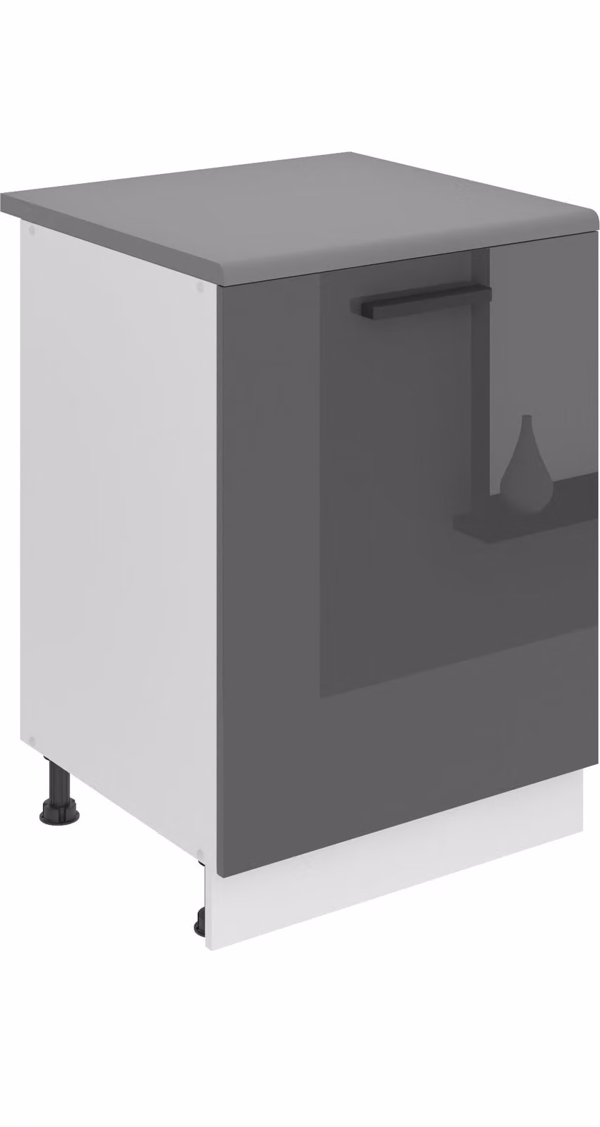 Base da cucina Belini, base da cucina larga 60 cm. Base per cucina SD con piano di lavoro. Mobile da cucina a 1 anta, argento lucido
