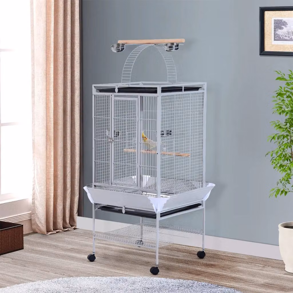 EasyComfort Voliera per Uccelli con Ruote, Vaschette in Acciaio e Trespoli in Legno, Argento, Altezza: 161.5 cm – 2