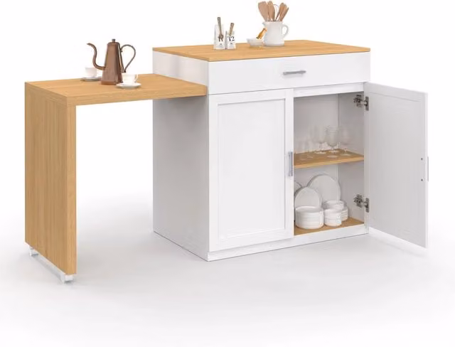 Isola centrale IDMarket VITO con tavolo da pranzo integrato allungabile in legno bianco e finitura faggio