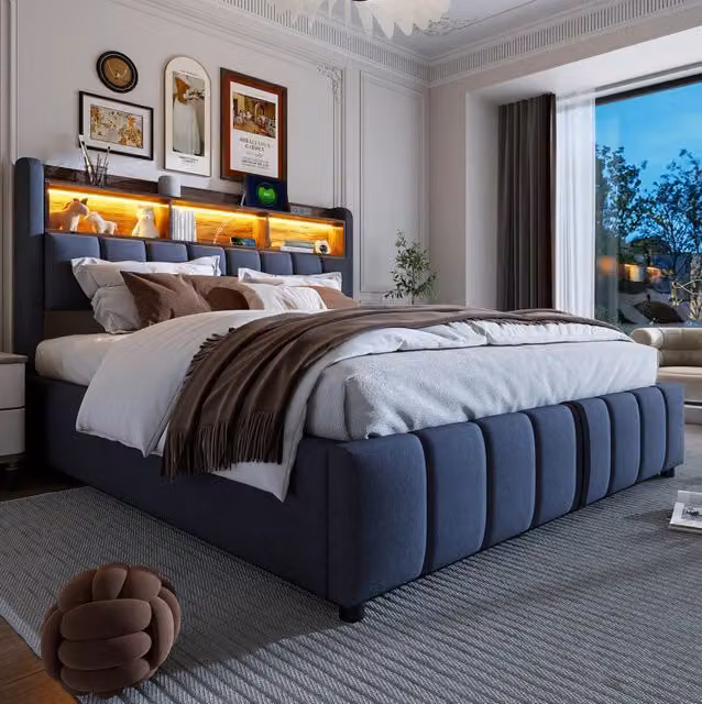 Letto imbottito 180x200 cm con LED; contenitore e USB in lino grigio