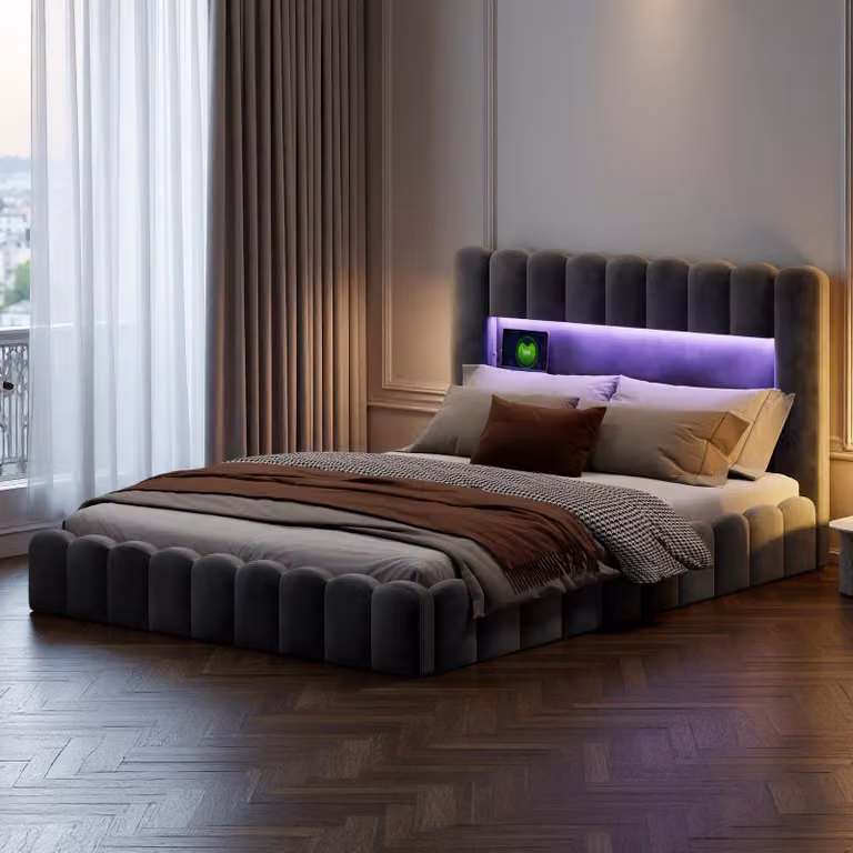 Letto imbottito ProximaX 180x200 cm con LED e USB/Type-C, letto matrimoniale con rete a doghe, rete idraulica e vano contenitore, testata imbottita, tessuto di lino, grigio