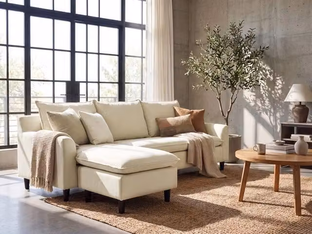 Divano Angolare a 3 Posti BELIANI con Chaise Longue Destra in Tessuto Beige e Gambe in Legno di Gomma – 1