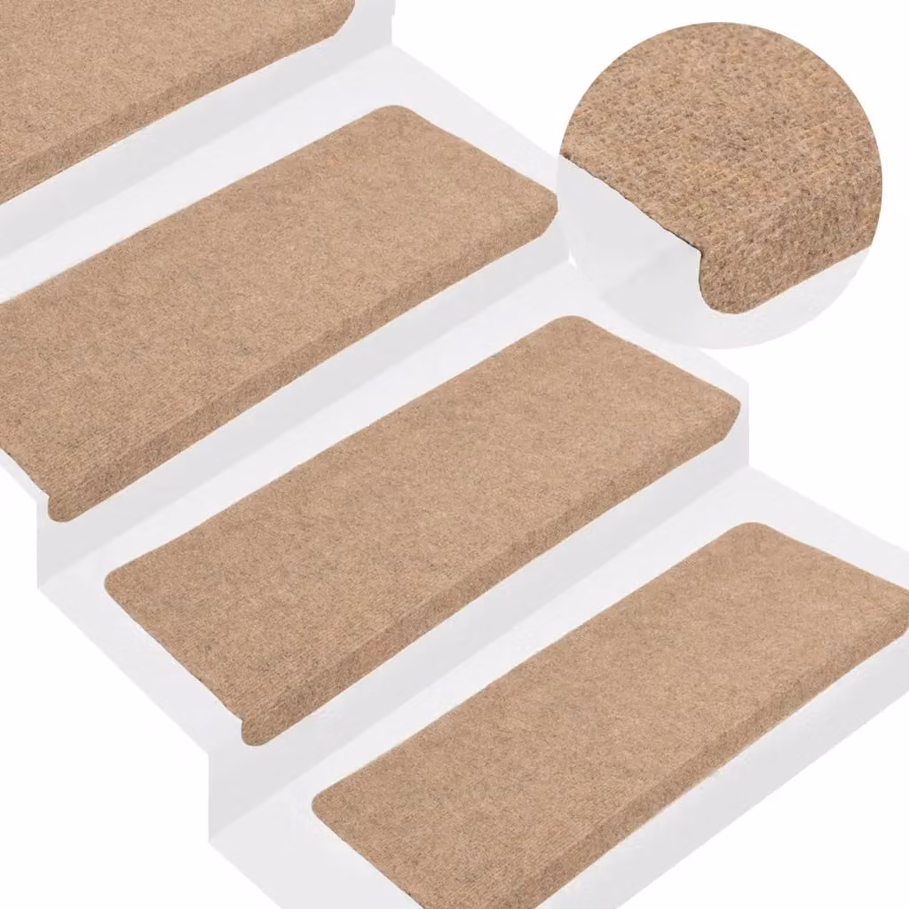 vidaXL Set di 15 Tappetini Autoadesivi per Scale in Poliestere e Polipropilene, Beige, L 65 x P 24,5 x H 3,5 cm