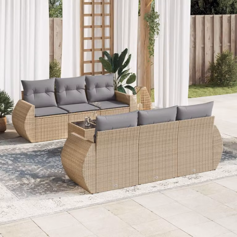 vidaXL Set Divani da Giardino 7 pz in Polyrattan con Cuscini Beige e Tavolino da Esterno