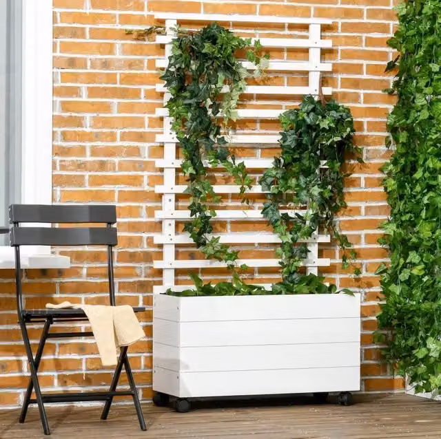 Fioriera rialzata ULEVR 76x30x155 cm con grigliato e ruote con freno, legno massello bianco