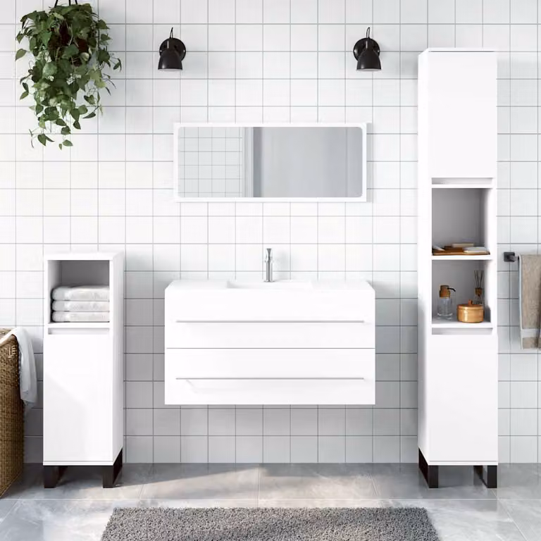 Mobile da bagno con specchio vidaXL bianco in legno e MDF, modello a parete con design minimalista