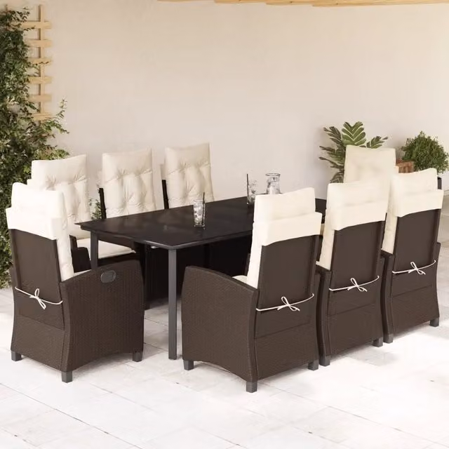 Set da pranzo da giardino vidaXL in polyrattan marrone con 9 pezzi e cuscini – 1