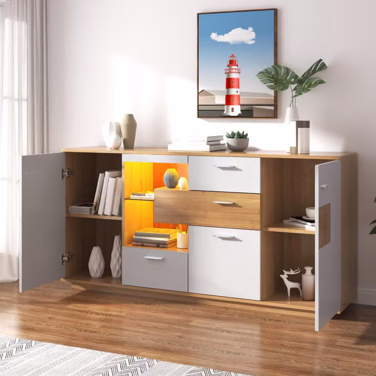 Credenza STILVORA con illuminazione a LED, mobile laterale con 2 ante e 4 cassetti, mobile da corridoio in MDF con ripiano in vetro, natura