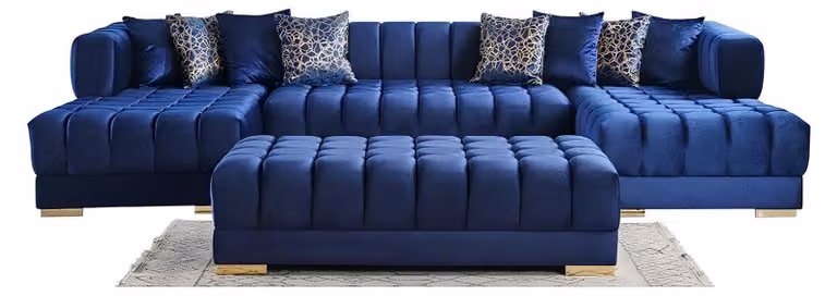 Set da salotto moderno: grande divano ad angolo blu a forma di U con pouf, 2 pezzi