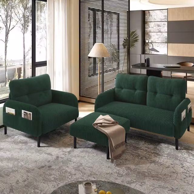 Set divano 2 posti, poltrona e pouf in velluto a coste verde smeraldo