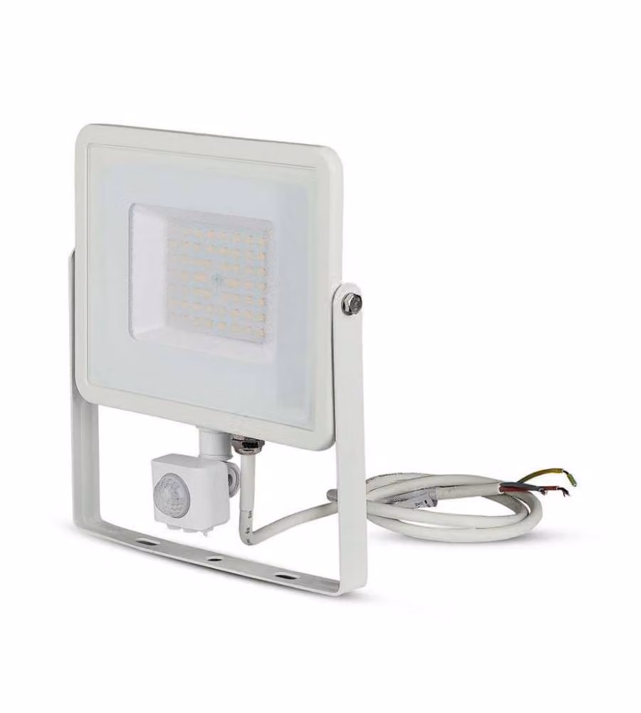 Faro LED V-TAC da 50W con Chip Samsung, Sensore di Movimento e Crepuscolare, Colore Bianco, Luce Bianco Caldo 3000K, Grado di Protezione IP65