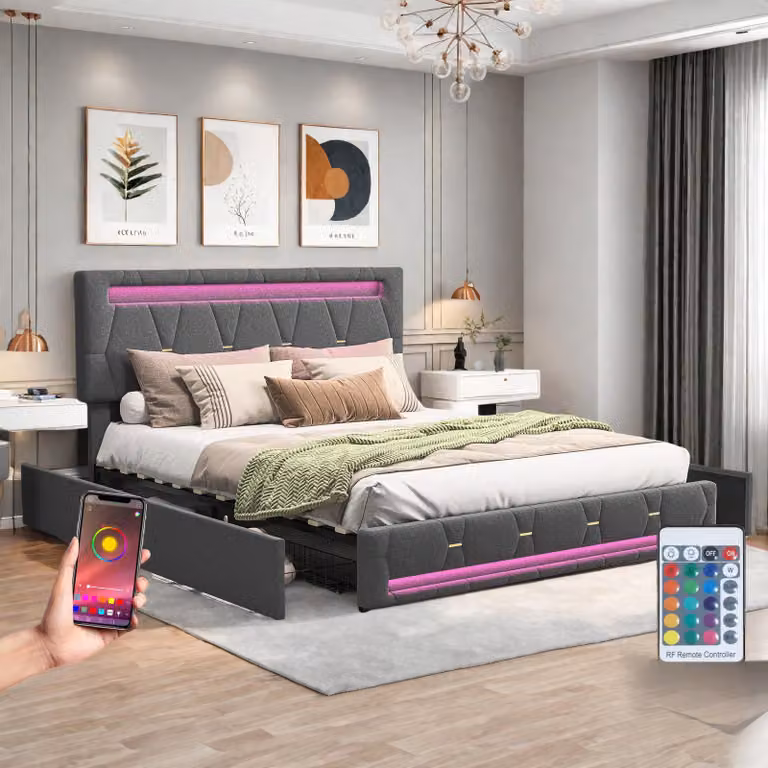 Letto imbottito Fortuna Lai 160x200 cm, letto matrimoniale con 4 cassetti, LED e testata regolabile, lino, grigio