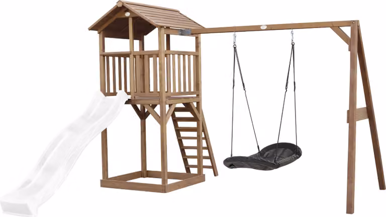 AXI Beach Tower parco giochi in legno in marrone | Torre di gioco per bambini con sabbiera, altalena a nido e scivolo bianco | Casa per bambini su palafitte per il giardino