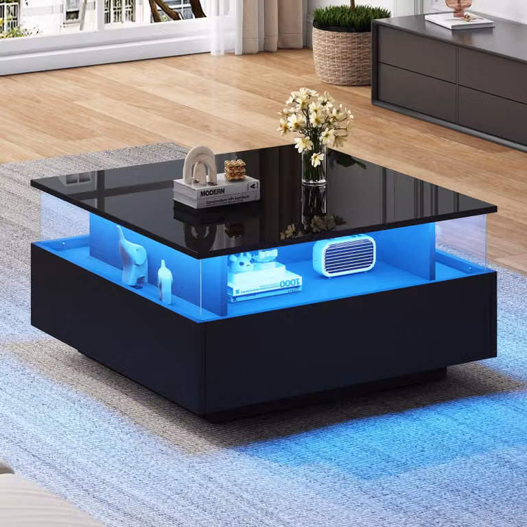 Tavolino, con illuminazione LED, 2 cassetti, vano trasparente, capacità di carico: 30 kg
