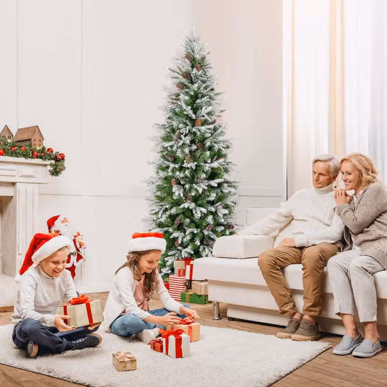 Albero di Natale artificiale Costway pre-luminoso con rami articolati e 671 punte, effetto neve, colore bianco e verde, Altezza: 190 cm