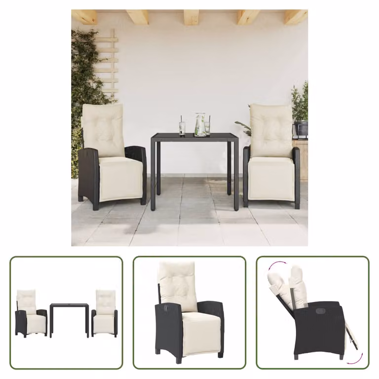 The Living Store Set da pranzo da giardino in 3 pezzi con cuscini in poly rattan nero