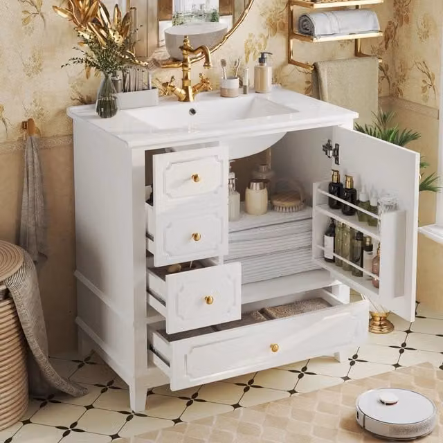 Mobile sottolavabo OKWISH per bagno con lavabo in ceramica, colore bianco, con 3 cassetti, vano con ripiano e maniglie oro, L: 76,5 cm, P: 47 cm, H: 87,5 cm