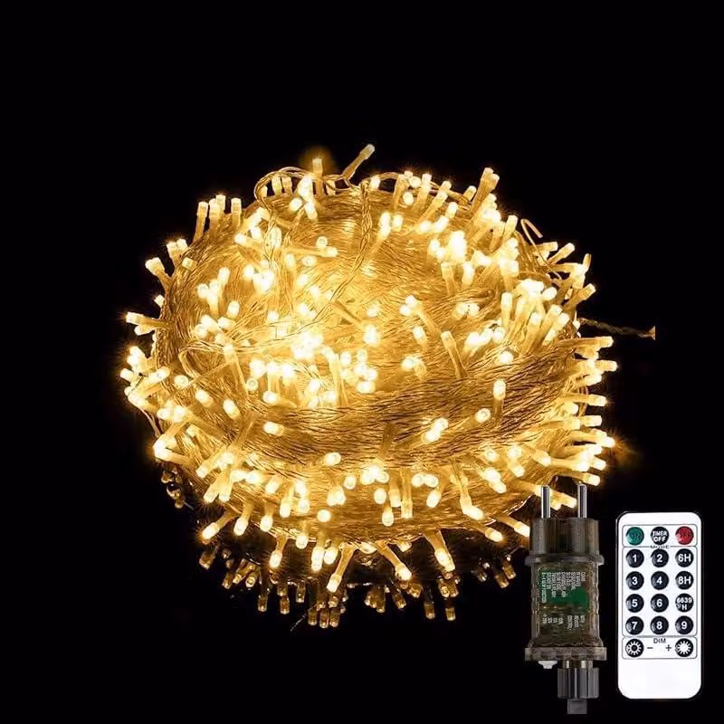Catena luminosa con 100 LED, luce bianca calda, dimmerabile, lunghezza 10 metri + cavo di alimentazione da 5 metri, grado di protezione IP44