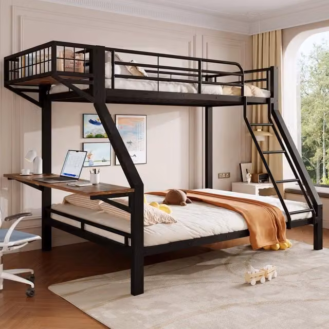 Letto a castello 90 x 200 / 140 x 200 cm; scrivania; contenitore aperto; sponde di sicurezza; scala; struttura in metallo; nero