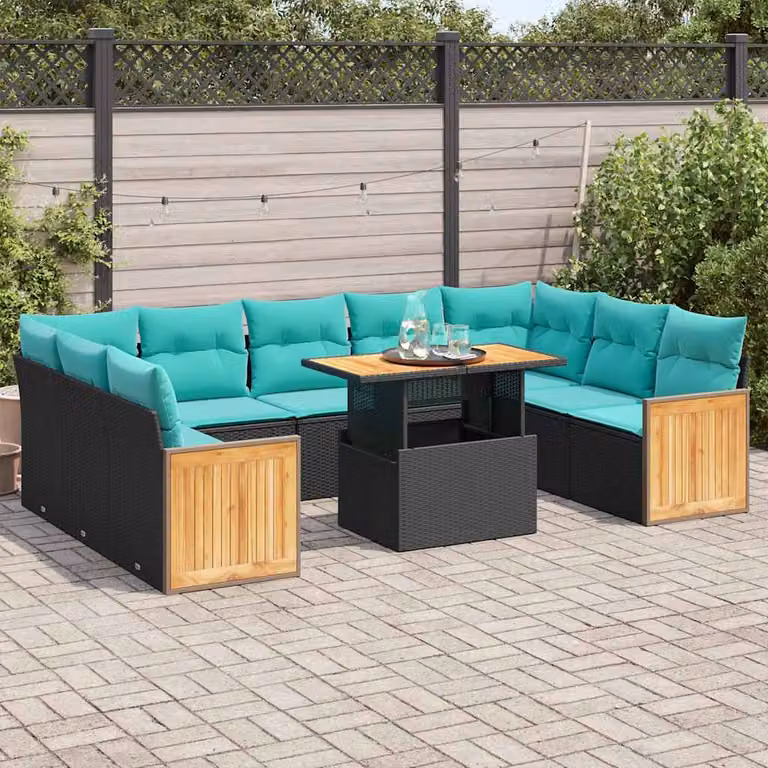 Set da giardino vidaXL a forma di U composto da 10 pezzi in polyrattan e legno di acacia con cuscini inclusi e tavolino da caffè nero