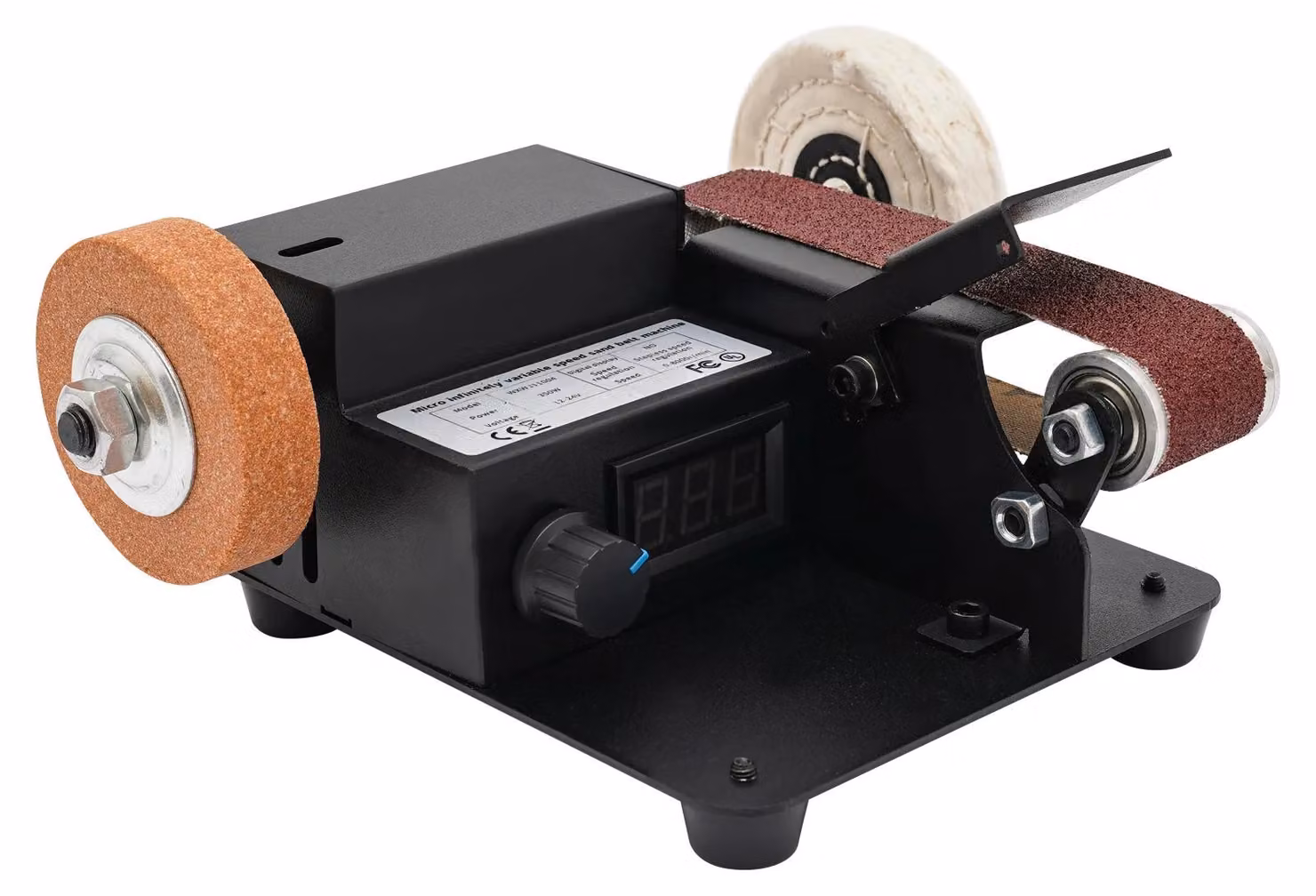 Smerigliatrice a nastro compatta - Display LCD - Motore in rame da 350 W - Velocità regolabile da 0 a 10.000 giri/min - Nastro abrasivo 30 x 340 mm - Colore: nero